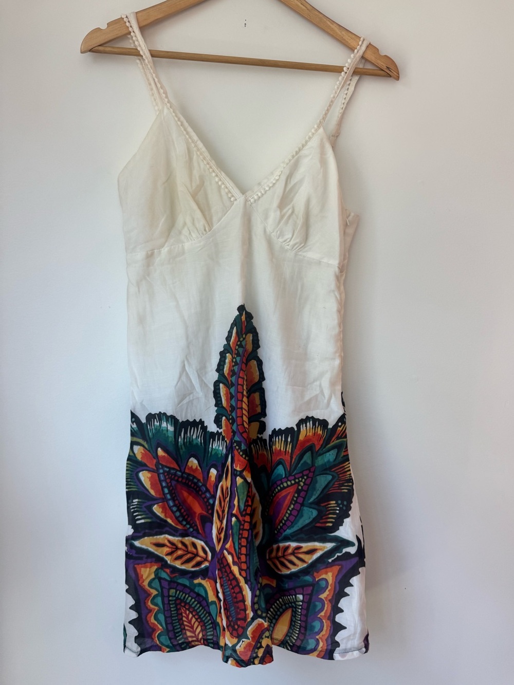 Aryeh White Boho Mandala Print Sundress Pom Pom Straps Women Small S